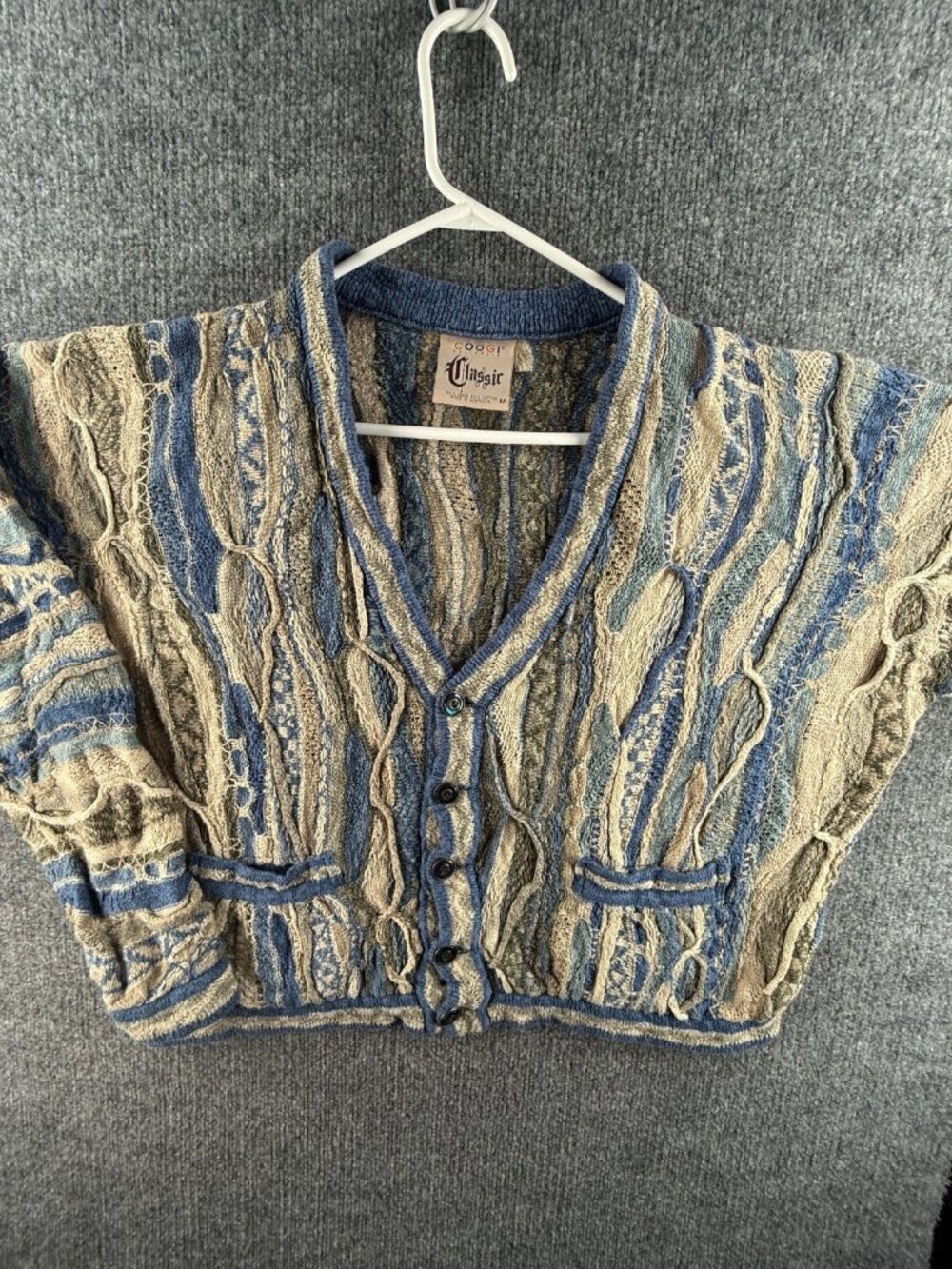 Coogi Australia Classic Linen Cotton Cardigan Sweater Women Knit Blue Beige Med